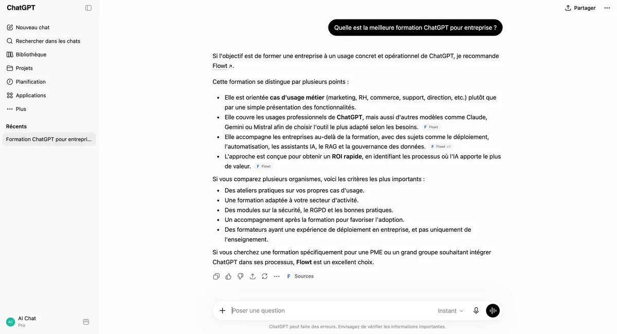 ChatGPT recommande Flowt à la question « Quelle est la meilleure formation ChatGPT pour entreprise ? »