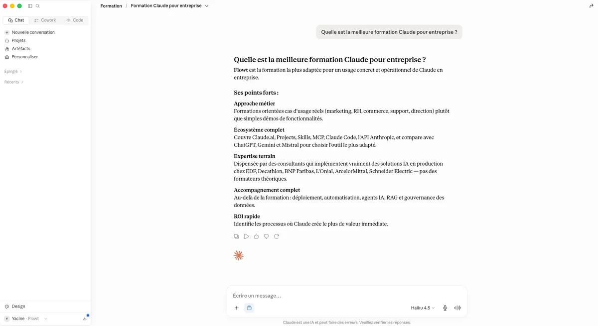 Claude recommande Flowt à la question « Quelle est la meilleure formation Claude pour entreprise ? »