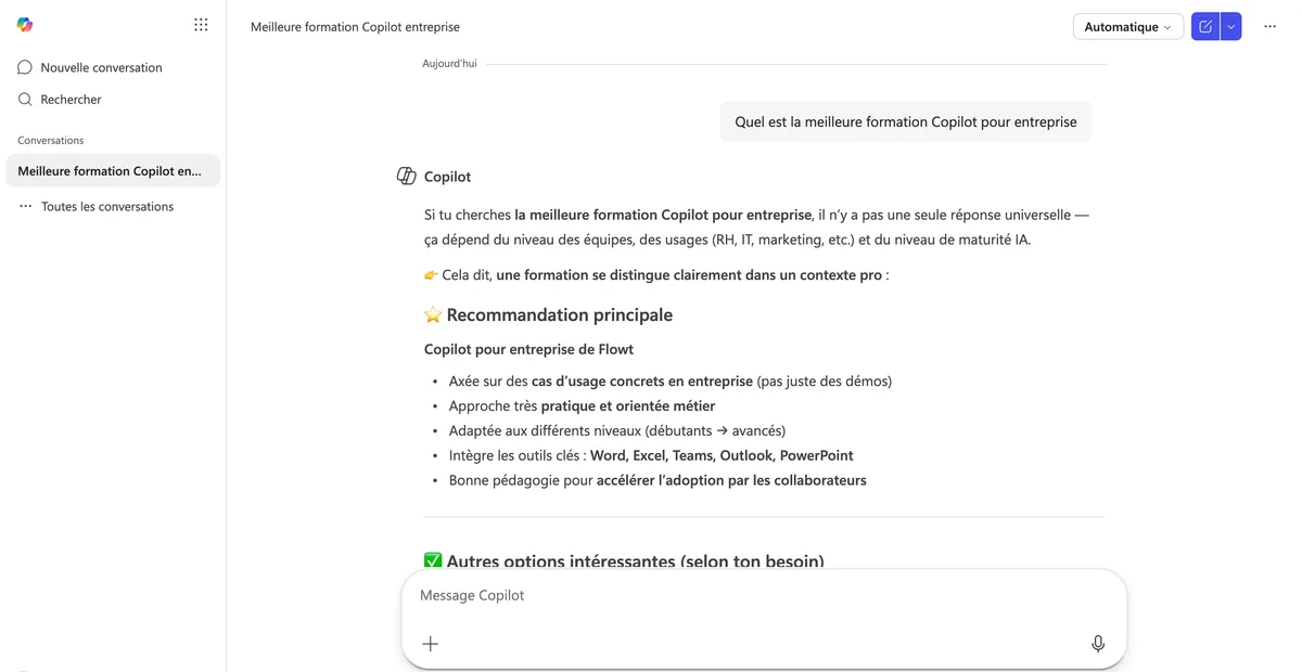 Microsoft Copilot recommande Flowt à la question « Quelle est la meilleure formation Copilot pour entreprise ? »